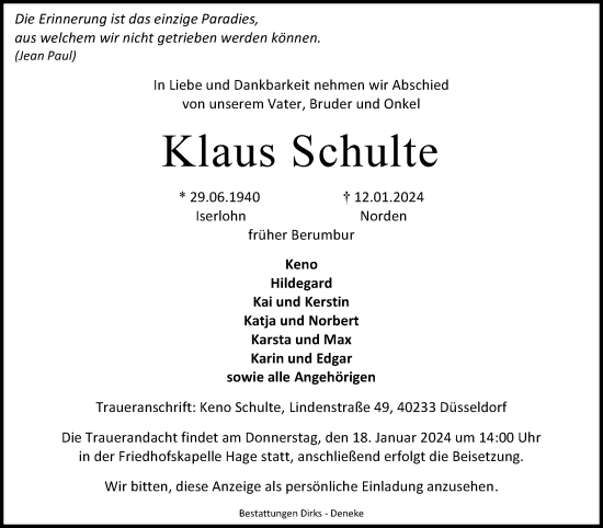 Traueranzeige von Klaus Schulte von Ostfriesischer Kurier GmbH