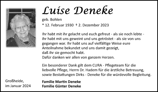 Traueranzeige von Luise Deneke von Ostfriesischer Kurier GmbH