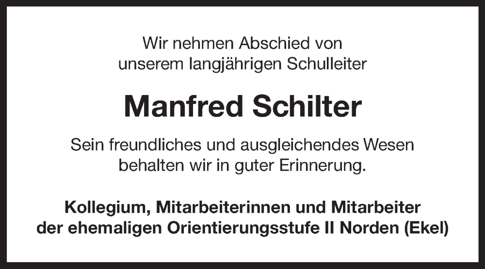  Traueranzeige für Manfred Schilter vom 13.01.2024 aus Ostfriesischer Kurier GmbH
