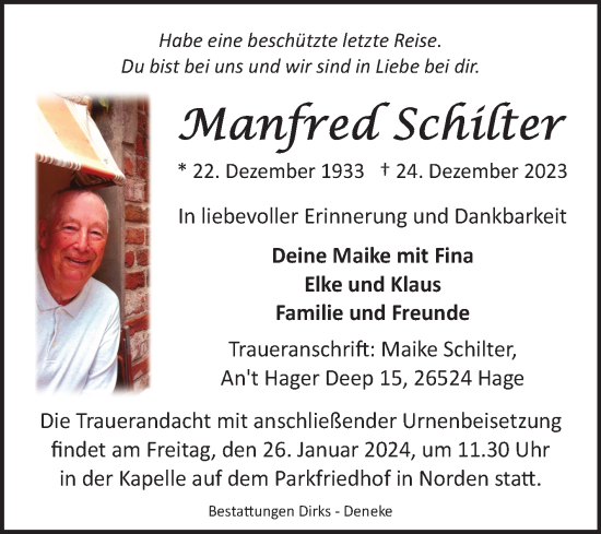 Traueranzeige von Manfred Schilter von Ostfriesischer Kurier GmbH