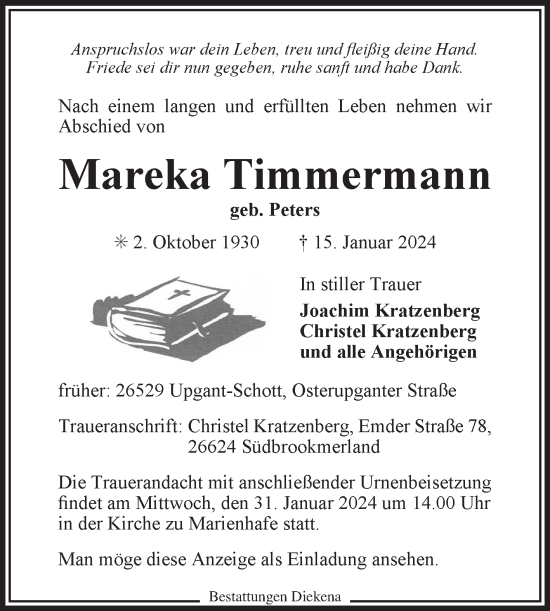 Traueranzeige von Mareka Timmermann von Ostfriesischer Kurier GmbH