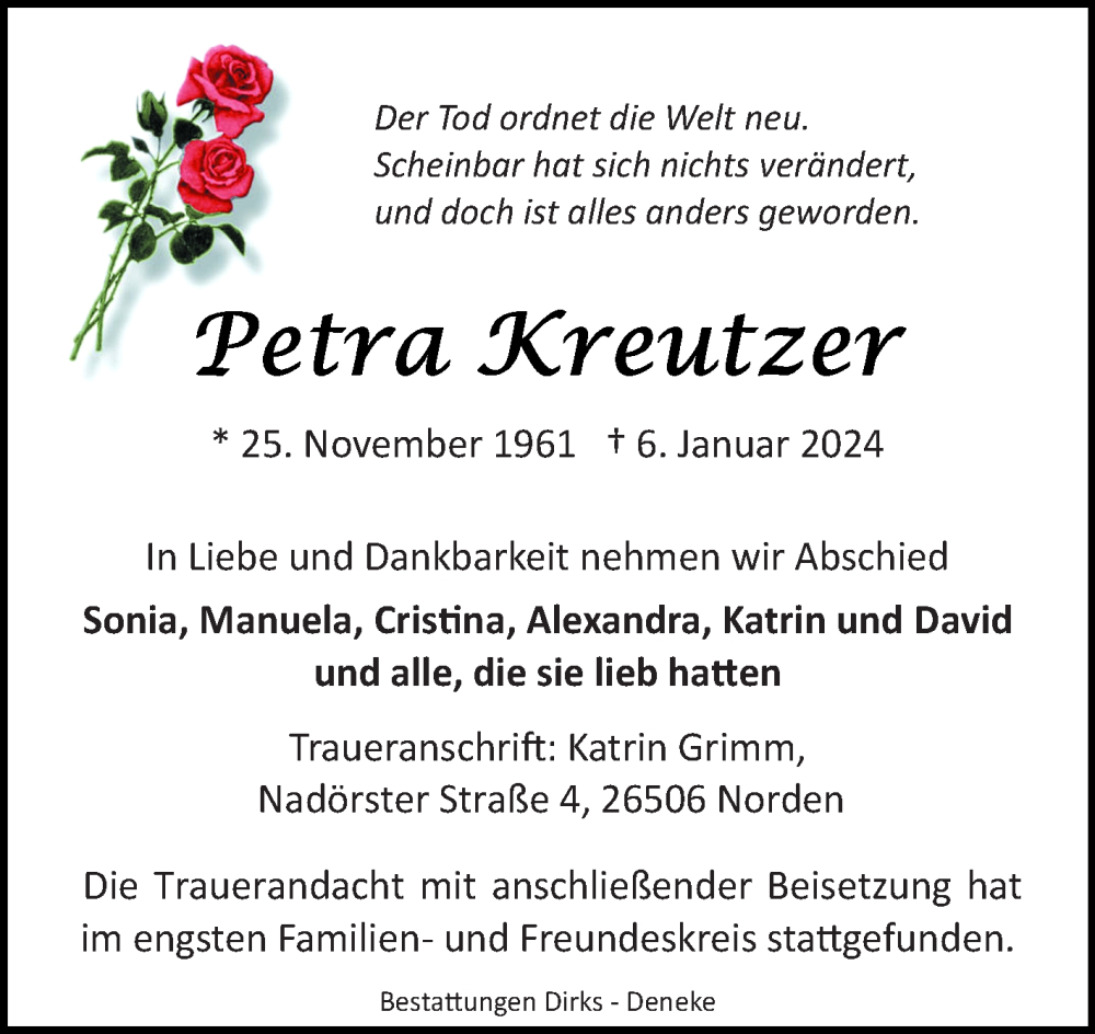  Traueranzeige für Petra Kreutzer vom 17.01.2024 aus Ostfriesischer Kurier GmbH