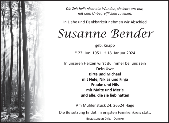 Traueranzeige von Susanne Bender von Ostfriesischer Kurier GmbH