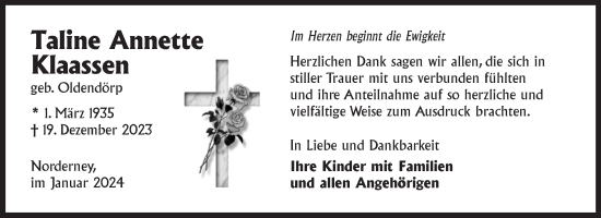 Traueranzeige von Taline Annette Klaassen von Ostfriesischer Kurier GmbH
