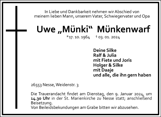 Traueranzeige von Uwe Münkenwarf von Ostfriesischer Kurier GmbH