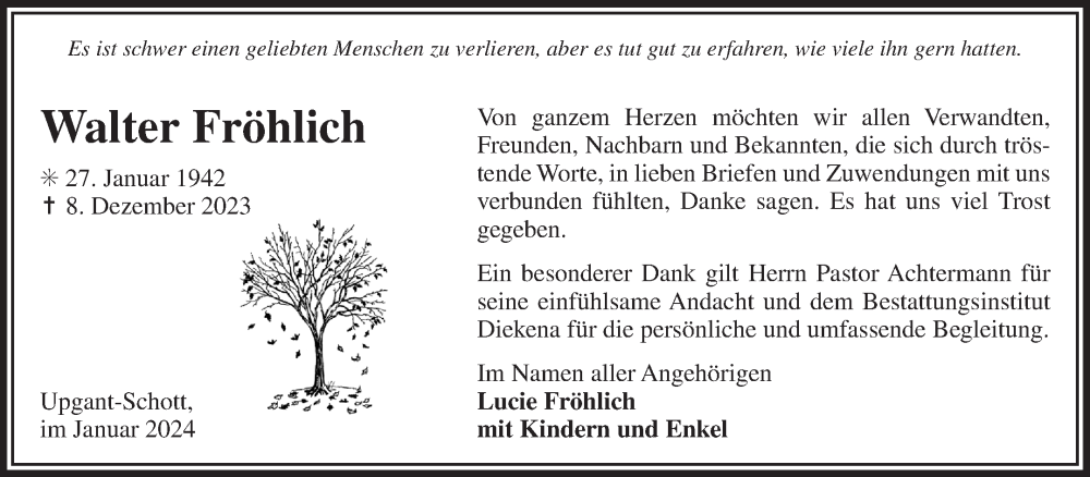  Traueranzeige für Walter Fröhlich vom 13.01.2024 aus Ostfriesischer Kurier GmbH