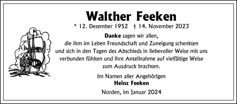  Traueranzeige für Walther Feeken vom 06.01.2024 aus Ostfriesischer Kurier GmbH
