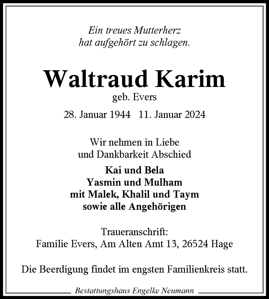  Traueranzeige für Waltraud Karim vom 13.01.2024 aus Ostfriesischer Kurier GmbH