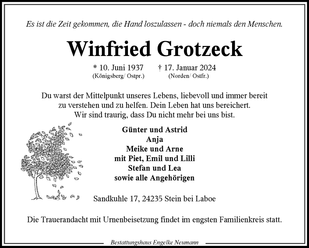  Traueranzeige für Winfried Grotzeck vom 27.01.2024 aus Ostfriesischer Kurier GmbH