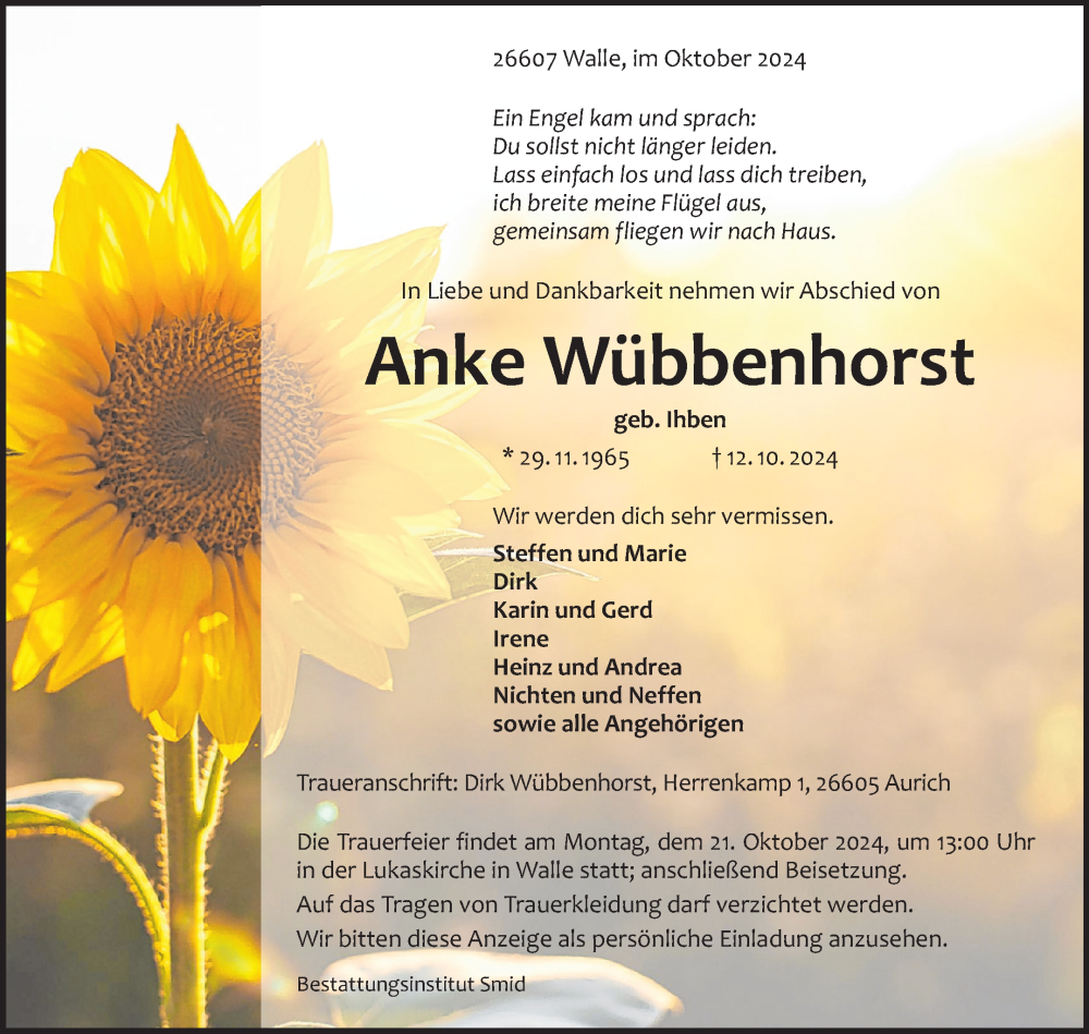  Traueranzeige für Anke Wübbenhorst vom 15.10.2024 aus Ostfriesischer Kurier GmbH