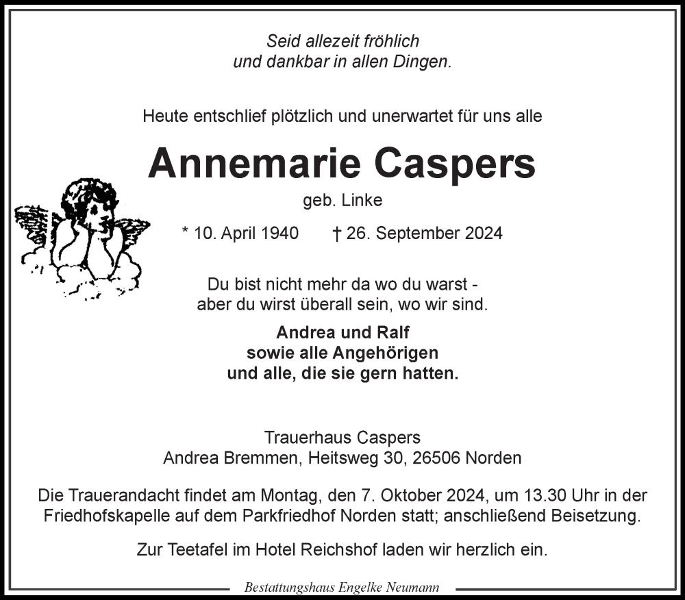  Traueranzeige für Annemarie Caspers vom 02.10.2024 aus Ostfriesischer Kurier GmbH