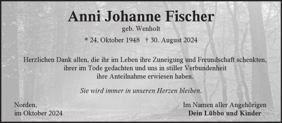 Traueranzeige von Anni Fischer von Ostfriesischer Kurier GmbH