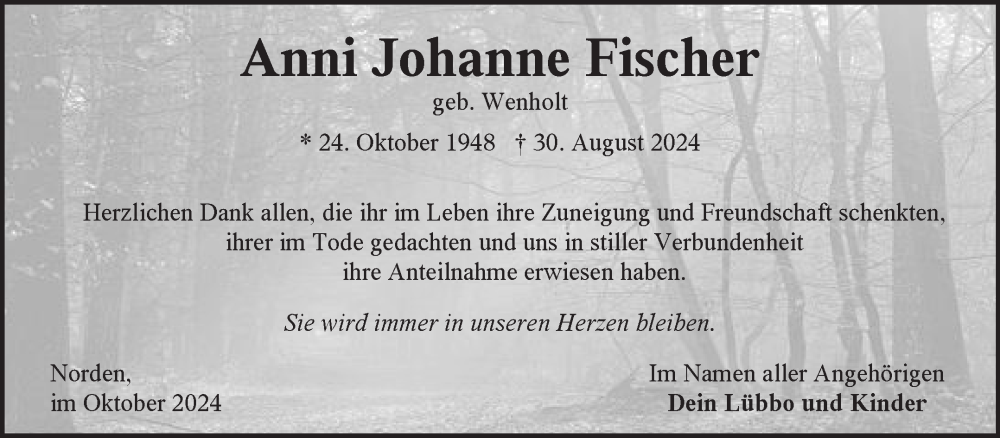  Traueranzeige für Anni Fischer vom 12.10.2024 aus Ostfriesischer Kurier GmbH