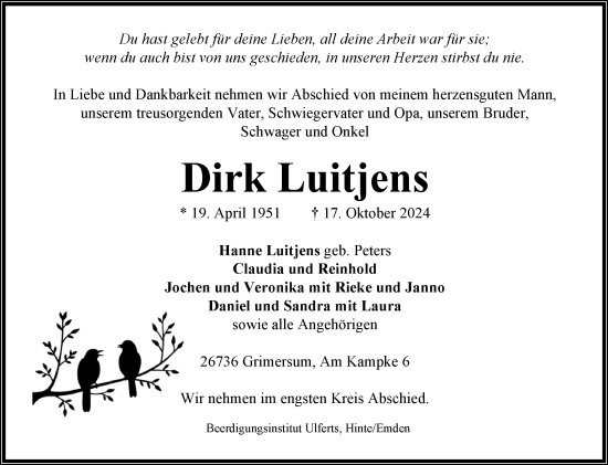Traueranzeige von Dirk Luitjens von Ostfriesischer Kurier GmbH