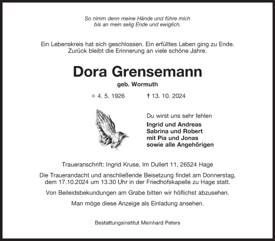 Traueranzeige von Dora Grensemann von Ostfriesischer Kurier GmbH