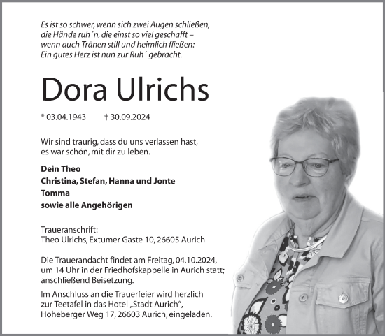 Traueranzeige von Dora Ulrichs von Ostfriesischer Kurier GmbH