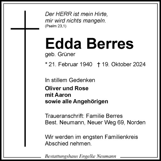 Traueranzeige von Edda Berres von Ostfriesischer Kurier GmbH
