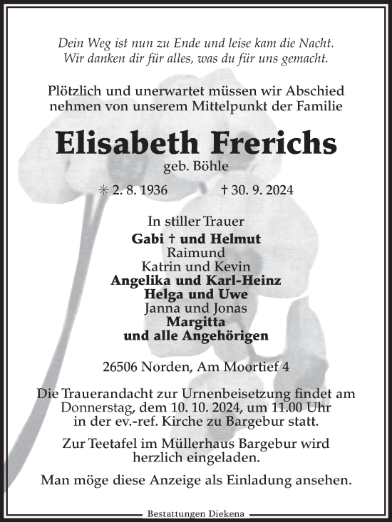 Traueranzeige von Elisabeth Frerichs von Ostfriesischer Kurier GmbH
