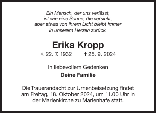 Traueranzeige von Erika Kropp von Ostfriesischer Kurier GmbH