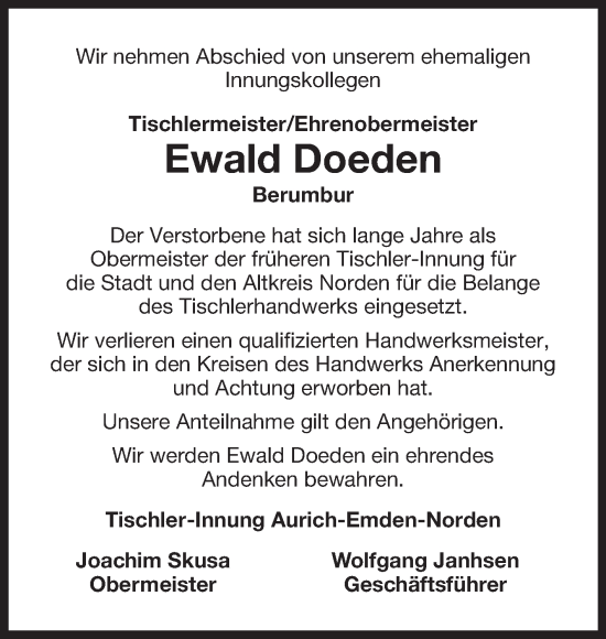 Traueranzeige von Ewald Doeden von Ostfriesischer Kurier GmbH