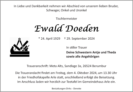 Traueranzeige von Ewald Doeden von Ostfriesischer Kurier GmbH