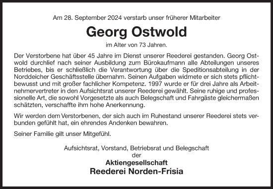 Traueranzeige von Georg Ostwold von Ostfriesischer Kurier GmbH