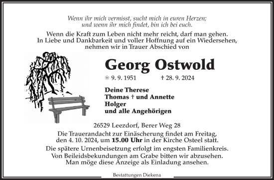 Traueranzeige von Georg Ostwold von Ostfriesischer Kurier GmbH