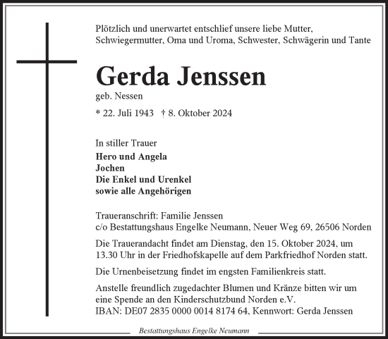 Traueranzeige von Gerda Jenssen von Ostfriesischer Kurier GmbH