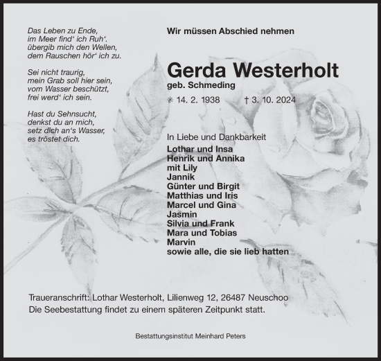Traueranzeige von Gerda Westerholt von Ostfriesischer Kurier GmbH
