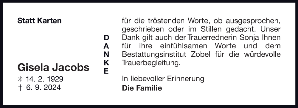  Traueranzeige für Gisela Jacobs vom 05.10.2024 aus Ostfriesischer Kurier GmbH