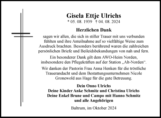 Traueranzeige von Gisela Ettje Ulrichs von Ostfriesischer Kurier GmbH