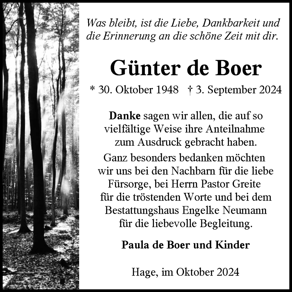 Traueranzeige für Günter de Boer vom 19.10.2024 aus Ostfriesischer Kurier GmbH