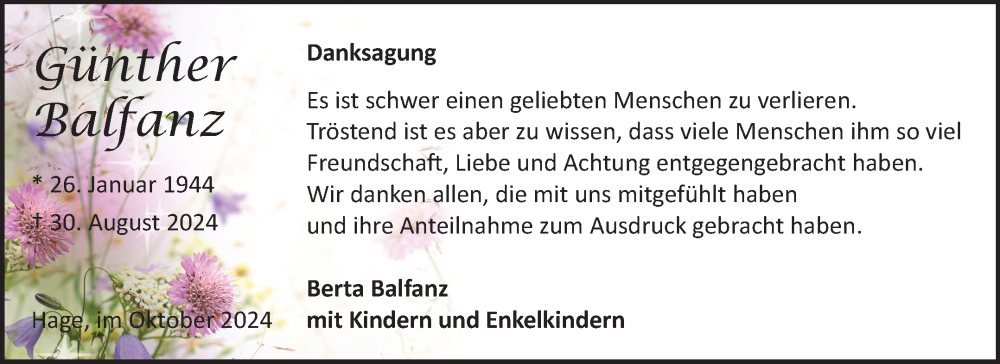  Traueranzeige für Günther Balfanz vom 26.10.2024 aus Ostfriesischer Kurier GmbH