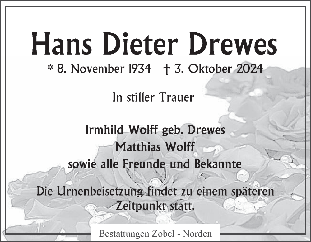  Traueranzeige für Hans Dieter Drewes vom 05.10.2024 aus Ostfriesischer Kurier GmbH
