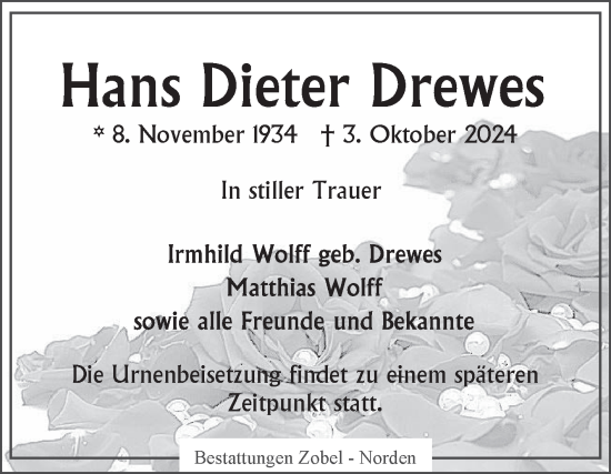 Traueranzeige von Hans Dieter Drewes von Ostfriesischer Kurier GmbH