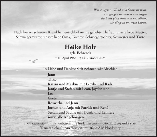 Traueranzeige von Heike Holz von Ostfriesischer Kurier GmbH