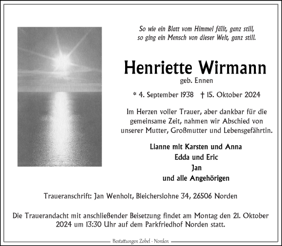 Traueranzeige von Henriette Wirmann von Ostfriesischer Kurier GmbH