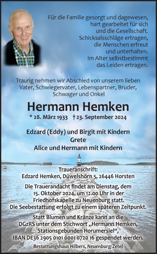 Traueranzeige von Hermann Hemken von Ostfriesischer Kurier GmbH