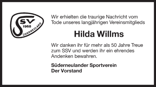 Traueranzeige von Hilda Willms von Ostfriesischer Kurier GmbH
