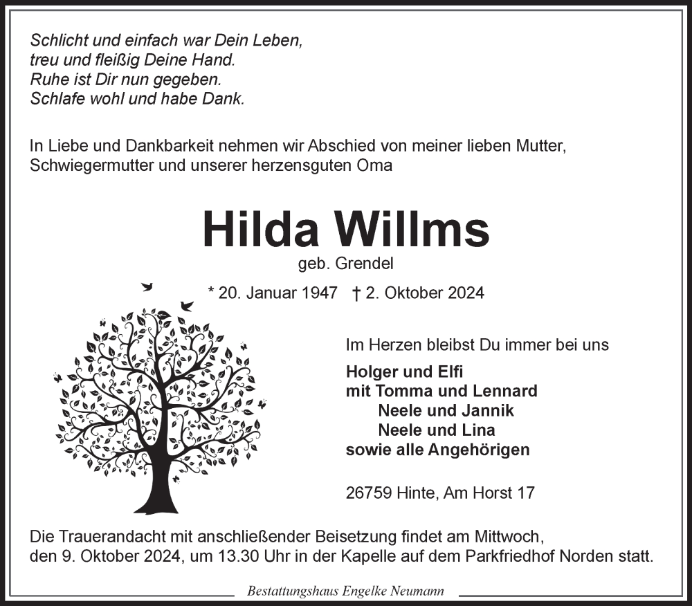  Traueranzeige für Hilda Willms vom 05.10.2024 aus Ostfriesischer Kurier GmbH