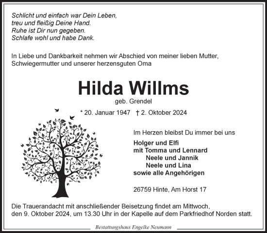 Traueranzeige von Hilda Willms von Ostfriesischer Kurier GmbH