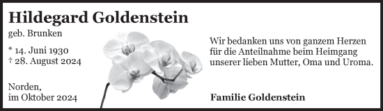 Traueranzeige von Hildegard Goldenstein von Ostfriesischer Kurier GmbH