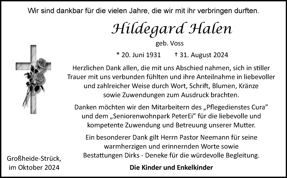  Traueranzeige für Hildegard Halen vom 12.10.2024 aus Ostfriesischer Kurier GmbH