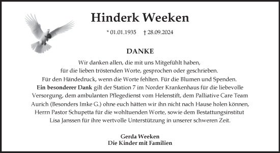 Traueranzeige von Hinderk Weeken von Ostfriesischer Kurier GmbH