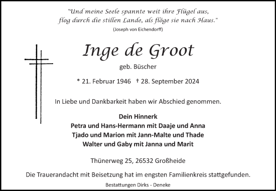 Traueranzeige von Inge de Groot von Ostfriesischer Kurier GmbH