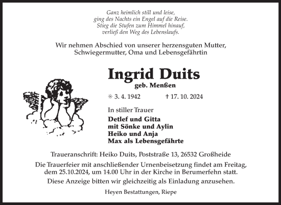 Traueranzeige von Ingrid Duits von Ostfriesischer Kurier GmbH