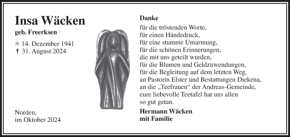  Traueranzeige für Insa Wäcken vom 12.10.2024 aus Ostfriesischer Kurier GmbH