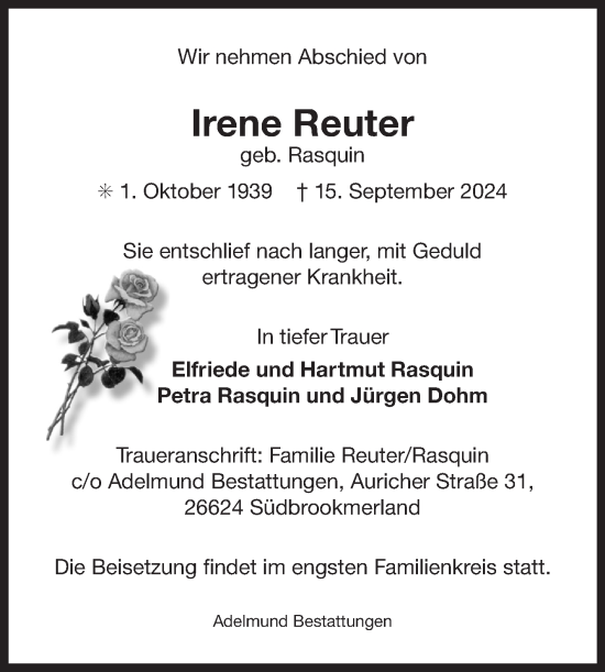 Traueranzeige von Irene Reuter von Ostfriesischer Kurier GmbH