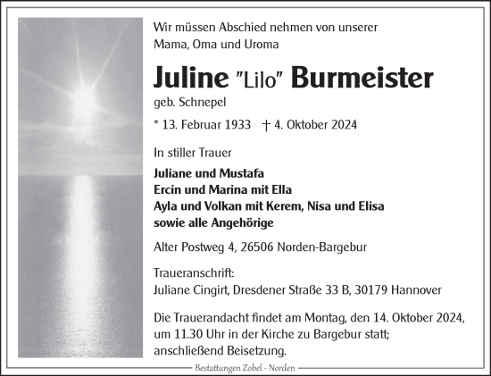 Traueranzeige von Juline Burmeister von Ostfriesischer Kurier GmbH