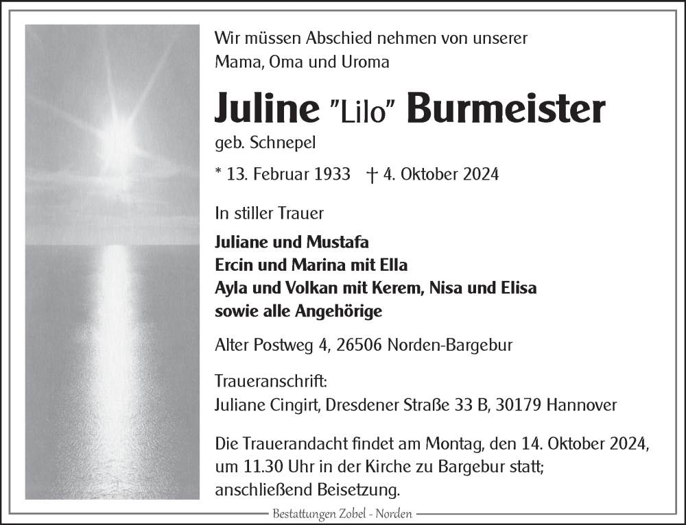  Traueranzeige für Juline Burmeister vom 12.10.2024 aus Ostfriesischer Kurier GmbH